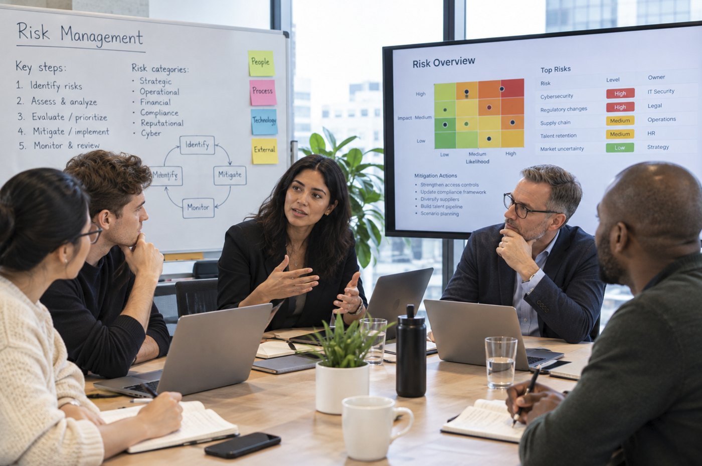 A risk management working session: a team around a table with a risk overview on the screen